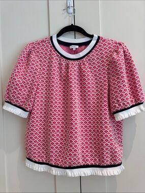 VOY Pink Patterned Puff Sleeve Knit Top with Contrast Trim